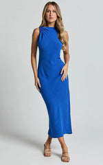 Jessenia Midi Dress - Linen High Neck Dress in Cobalt