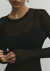 Women's Sheer Ribbed Knit Top | Slim-Fit Long-Sleeve Layering Top