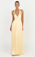 Kayla Maxi Dress - Plunge Neckline Pleated Halter Dress in Butter Yellow