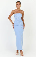 Moana Maxi Dress - Strapless Floral Embellished Structured Column Dress in Soft Blue