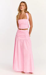 Anya Two Piece Top and Skirt Set - Gathered Halted Neck Top And High Waist Maxi Skirt in Pink