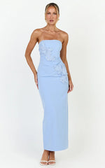 Moana Maxi Dress - Strapless Floral Embellished Structured Column Dress in Soft Blue