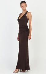 Sophie Maxi Dress - Plunge Neckline Ruched Waist Racer Back Dress in Chocolate