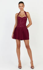 Malia Mini Dress - Lace Corset Bodice Pleated Skirt Halter Dress in Wine