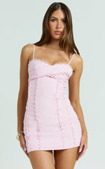 Gigi Mini Linen Blend Dress - Sweetheart Tie Back Scallop Detail Dress in Pink