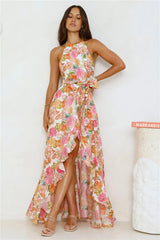 Floral Allure Halter Maxi Dress Orange