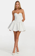 Elsie Mini Dress - Strapless Sweetheart Neckline Lace Dress With Corset Bodice And Lace Up Back in White