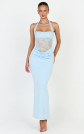 Sienne Maxi Dress - Lace Bodice Draped Cowl Waist Dress in Light Blue