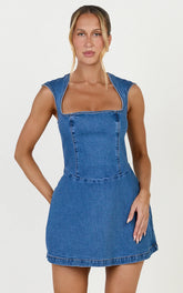 Heather Mini Dress - Square Neck A Line Denim Mini Dress in Mid Blue Wash