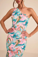 Mikesha Pink Multi Abstract One-Shoulder Sash Maxi Dress