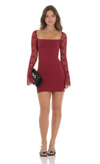 Lace Long Sleeve Bodycon Dress In Maroon