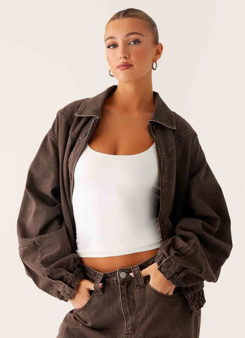 Midwest Washed Denim Bomber Jacket - Light Wash Chocolate