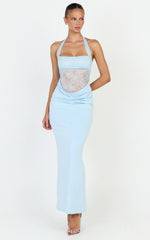 Sienne Maxi Dress - Lace Bodice Draped Cowl Waist Dress in Light Blue