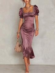 Vintage Square Lace Neck  Ruched Fishtail Midi Dress