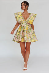 Bennet Puffed Neckline Mini Dress Floral Pink/Yellow