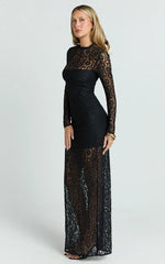 Andrea Maxi Dress - Lace High Neck Long Sleeve Dress in Black