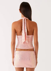 Been That Girl Halter Knit Sequin Top - Iridescent Pink