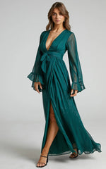 Dangerous Woman Maxi Dress - Plunge Thigh Split Dress in Emerald