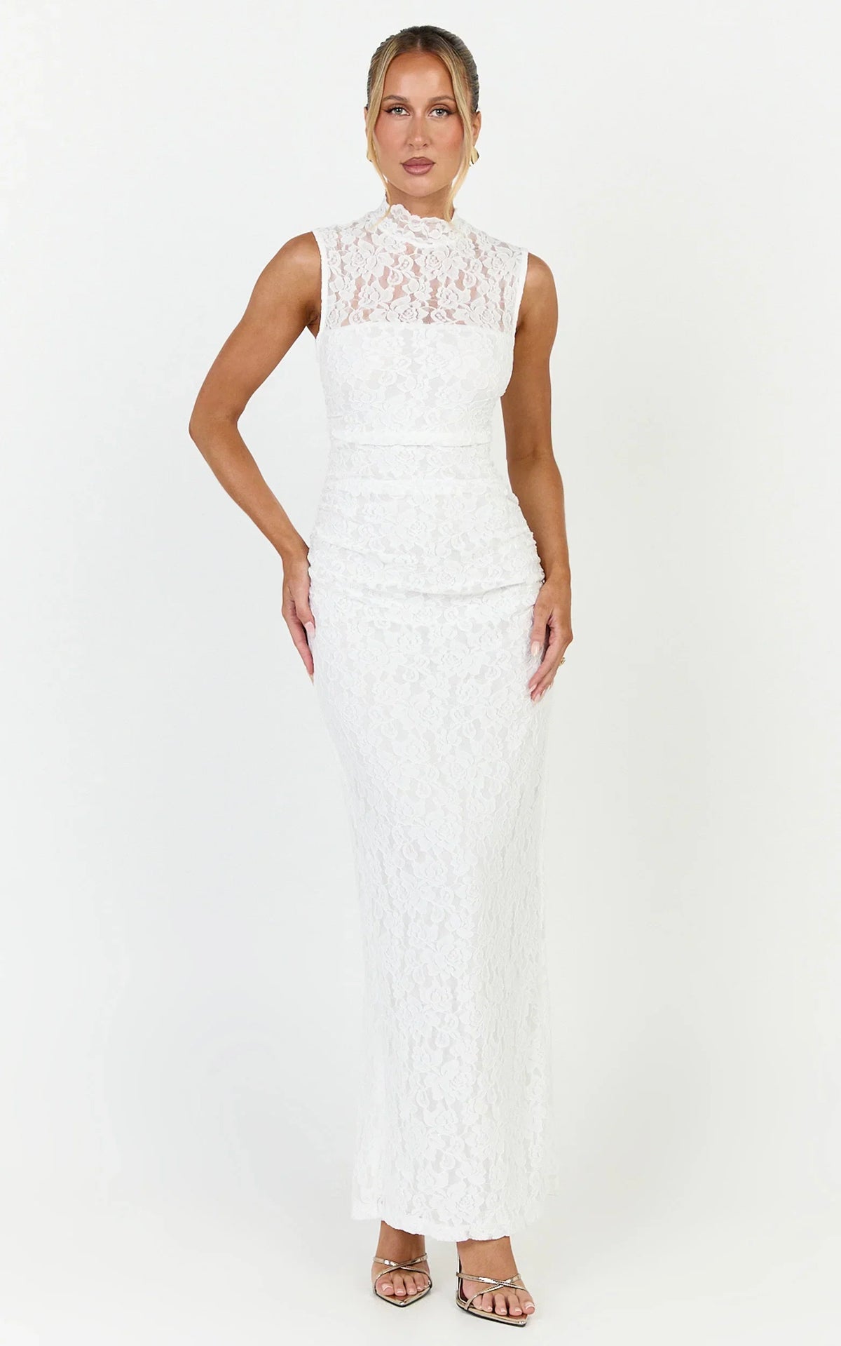 Luna Maxi Dress - Lace High Neck Sleeveless Dress in White