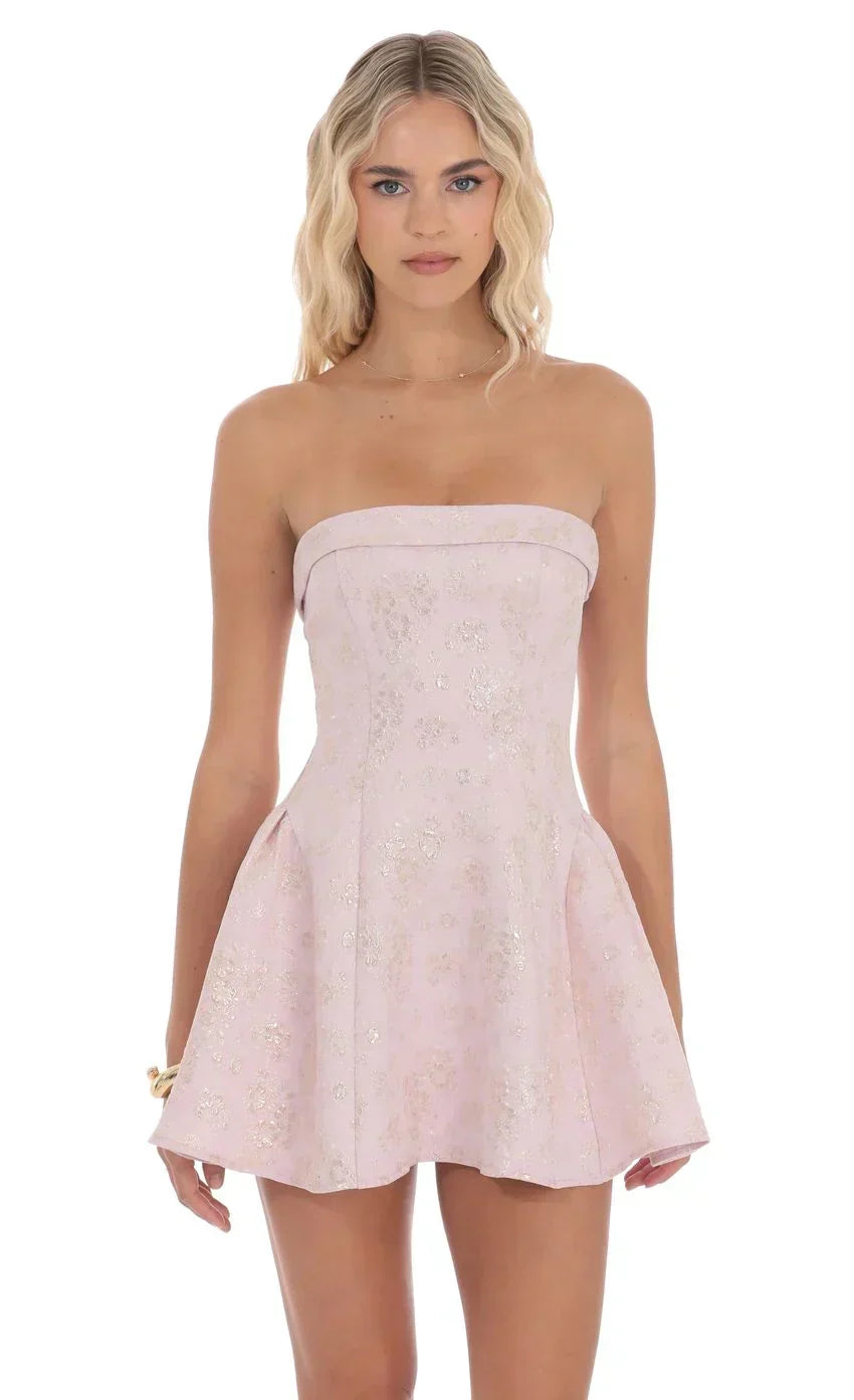 Shimmer Jacquard Strapless Flare Dress in Dusty Pink
