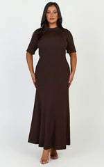 Lanie Midi Dress - Knitted Crew Neck Short Sleeve Dress in Chocolate