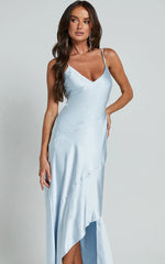 Ylona Midi Dress - Asymmetric Draped Bias Cut Satin Slip Dress in Ice Blue