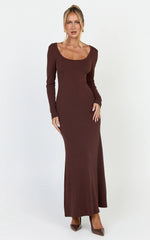 Gabriella Maxi Dress - Long Sleeve Scoop Neck Dress in Chocolate