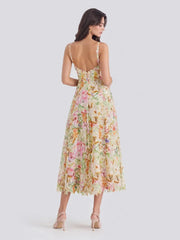 Watercolor Spaghetti Strap Eyelet Floral Midi Dress