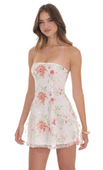 Sequin Floral Strapless Dress in White