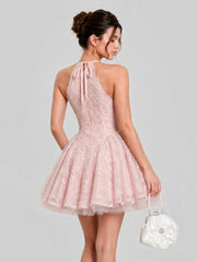 Floral Embroidered Halter Tulle Mini Dress