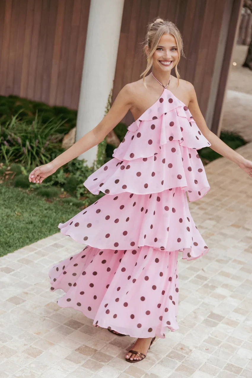 Chasity Halterneck Maxi Dress - Pink Polka Dot