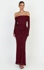 Waverly Maxi Dress - Long Sleeve Off Shoulder Dress in Wine