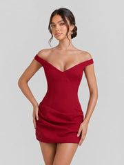 Off-Shoulder Draped Crepe Mini Dress