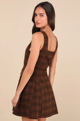 Autumn Approach Brown Plaid Sleeveless Button-Up Mini Dress