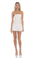 Flower Satin Halter Dress in White