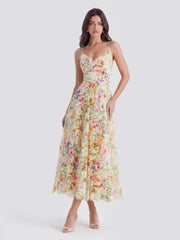 Watercolor Spaghetti Strap Eyelet Floral Midi Dress