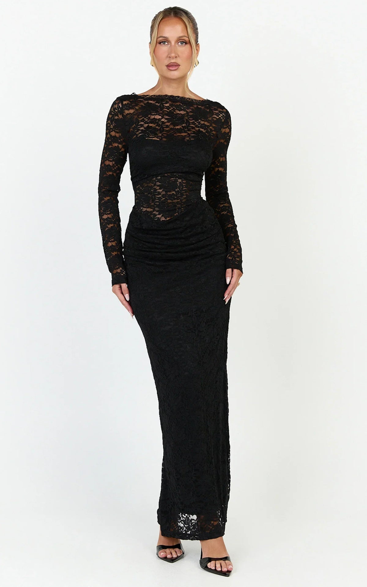 Skye Maxi Dress - Lace Long Sleeve Draped Waist Dress in Black