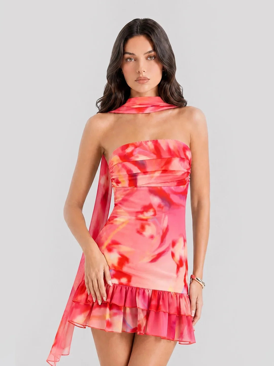 Floral Strapless Scarf Detail Mini Dress