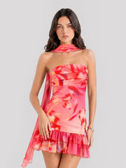 Floral Strapless Scarf Detail Mini Dress