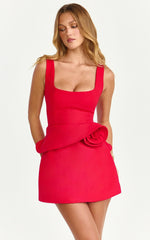 Vivienne Mini Dress - Square Neck Rosette Peplum Dress in Red