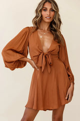 Madison Bow Tie Bust Balloon Sleeve Dress Tan