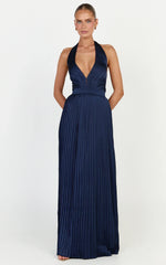 Kayla Maxi Dress - Plunge Neckline Pleated Halter Dress in Navy