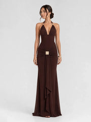 Gold-Tone Clasp Halter Hardware Maxi Dress