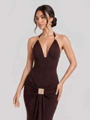 Gold-Tone Clasp Halter Hardware Maxi Dress