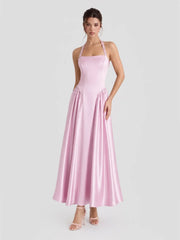 Pearl Straps Satin Halter Maxi Dress