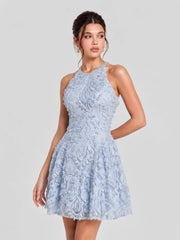 Crystal Trim 3D Floral Lace Halter Mini Dress