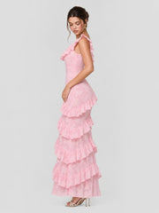 Tiered Ruffle Hem Jacquard Maxi Dress