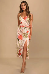 Remarkable Entrance Pink Floral Print Satin Midi Dress