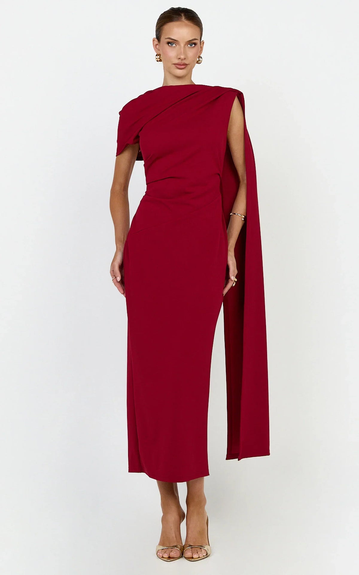 Visenta Midi Dress - Asymmetrical Sleeve Dress in Wine