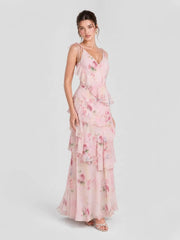 Boho Watercolor Floral Tiered Ruffle Maxi Dress